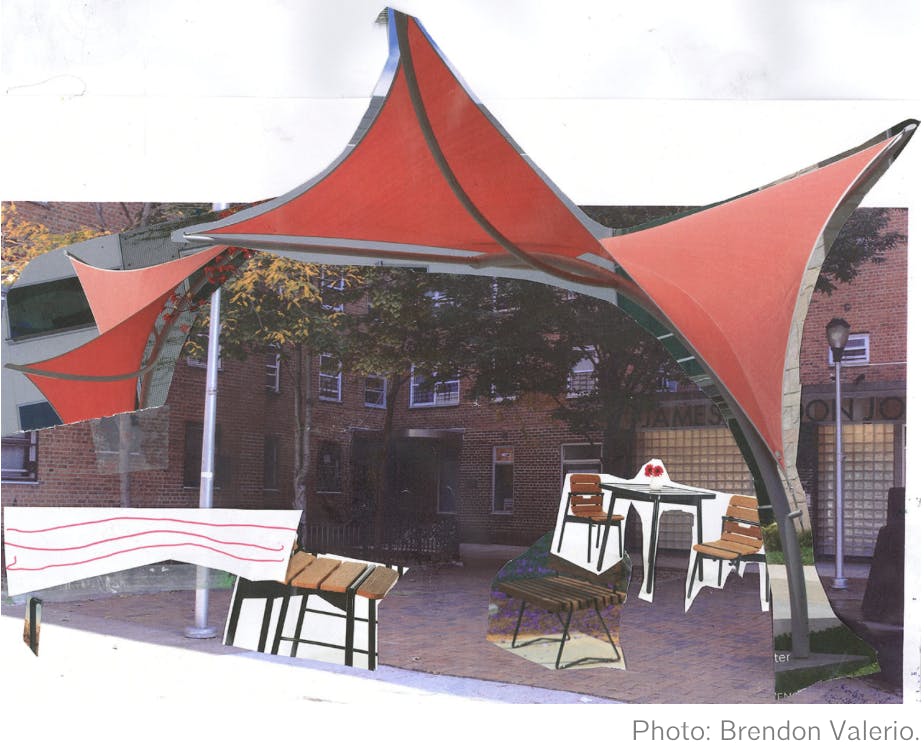 Brendon Valerio transforms the entrance courtyard of the Johnson Community Center into a gathering place that welcomes NYCHA residents. Currently, young people rarely cross the street to visit their neighbors. “It’s like a ghost town!” — Brendon Valerio, a resident of the James Weldon Johnson Houses. A multimedia collage of the entrance courtyard has transformed that space.