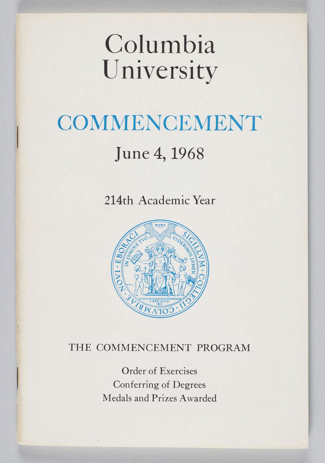 The cover of Columbia's 1968 commencement program